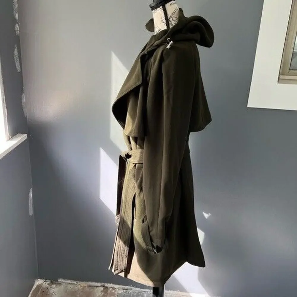 NWT Rachel Roy dark green water repellent crepe hooded trench coat w/ pockets - Picture 7 of 12